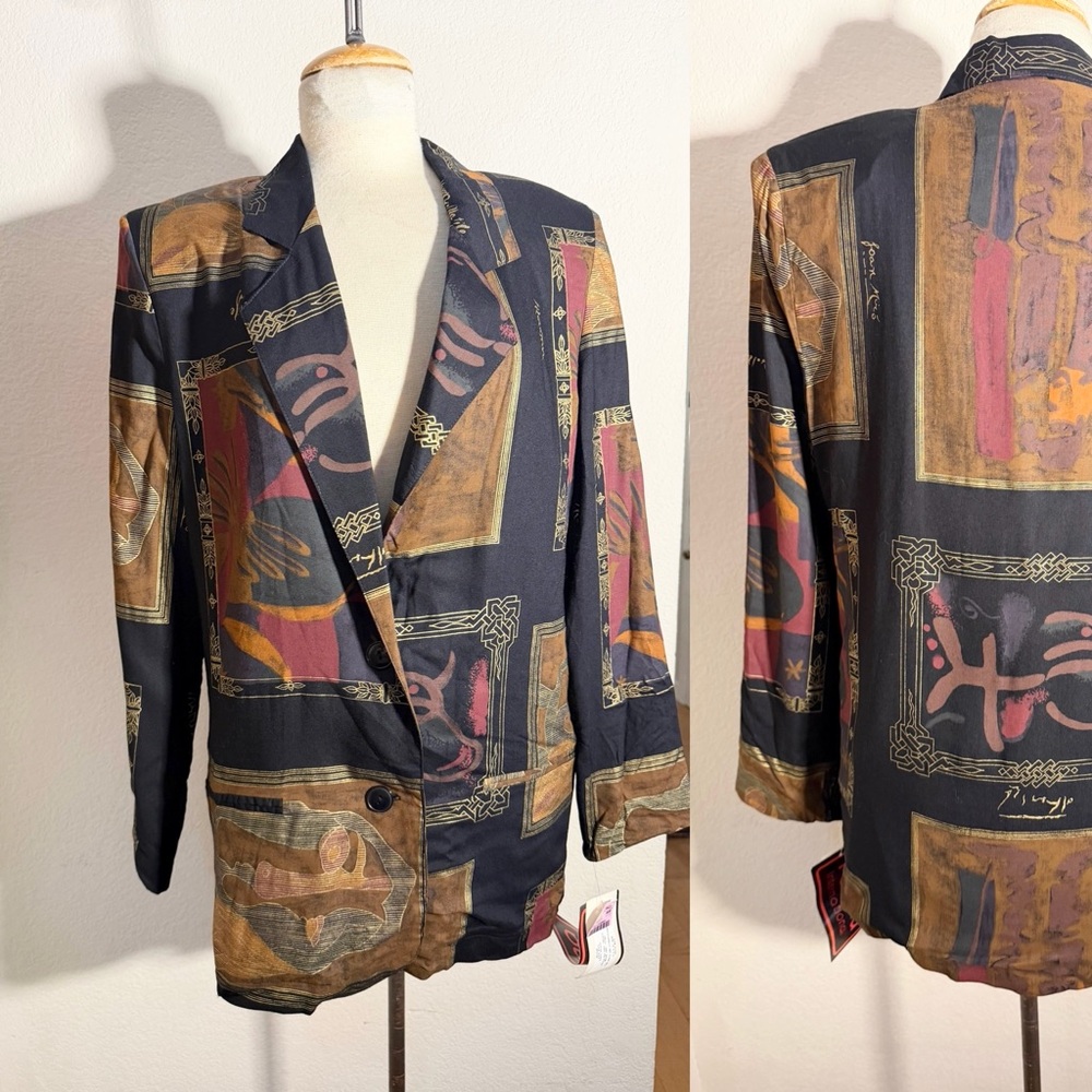 Vintage 80s boyfriend blazer jacket artist print gold metallic Sz M Patina NWT.